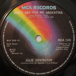 Julie Covington Don't Cry For Me Argentina USED VINYL 7INCH 45 RPM SINGLE
